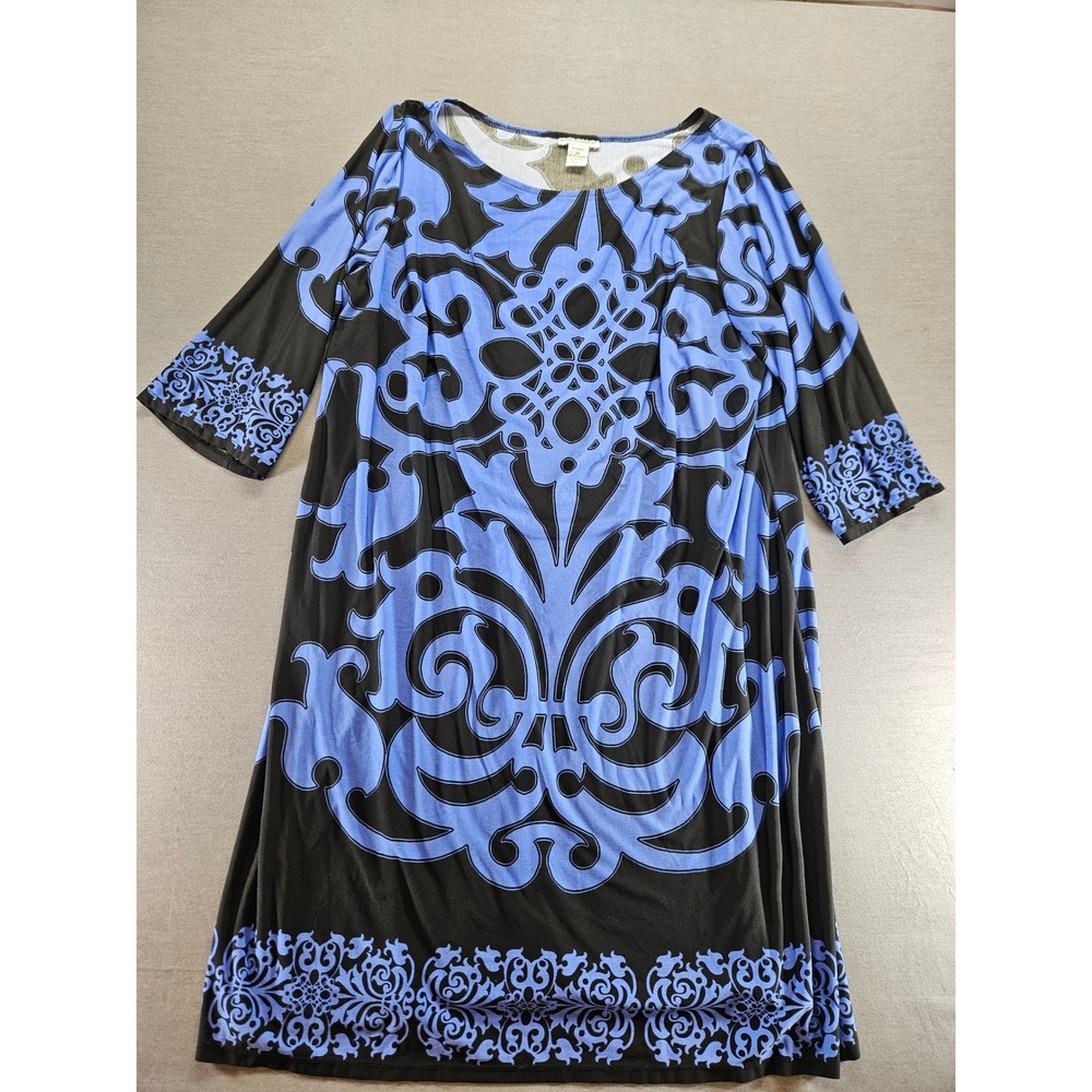Jessica London Blue Black Damask Scroll Print Shift Dress Plus Size 20 Sleeve